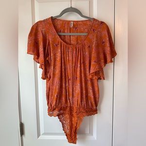 Free People Intimately Women’s Orange Hearts Flutter Bodysuit (Size S)